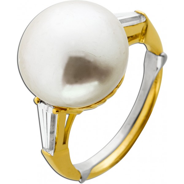 Perlen Ring Gold 750 18K Südsee Perle Diamanten 0.50ct.