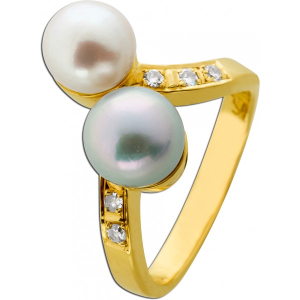 Perlen Ring Gelbgold 750 18K japanische Akoyaperlen Diamanten 0.1ct