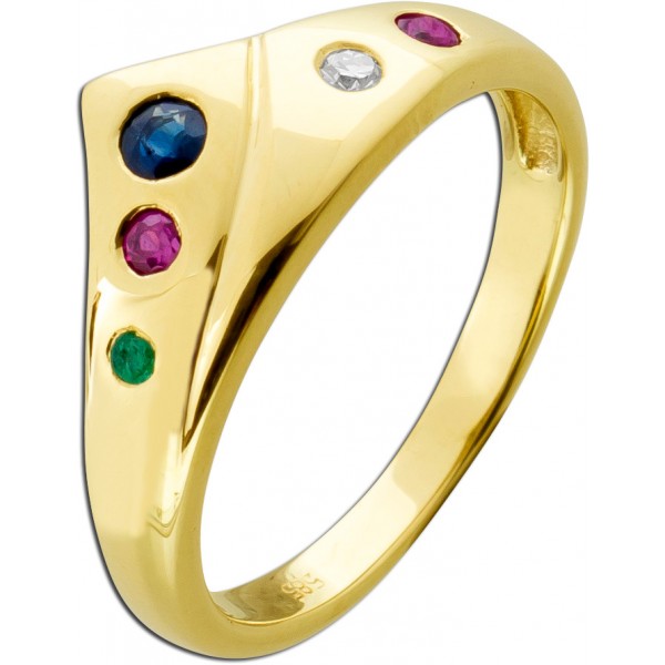 Ring Gelbgold 585 2 Rubine Saphir Smaragd Diamant 0.02ct