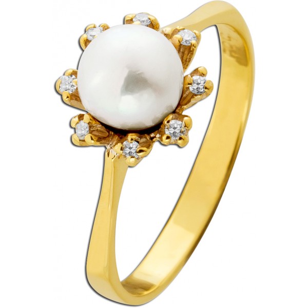 Perl Ring Gold 585 14K japanische Akoyaperle Diamanten 0.08ct 