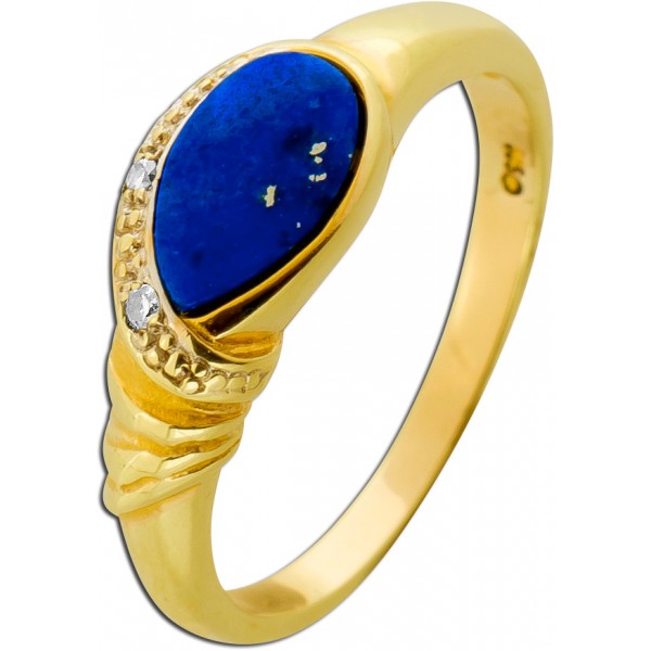 Lapislazuli Ring Gold 585 14K blauer Edelstein Diamanten 0.02ct  