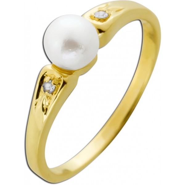 Perlring Gold 585 japanische Akoyaperle Diamanten 0.02ct 