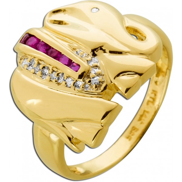 Elefantenring Gold 585 14K rote Rubine Diamanten 0.05ct W I1 