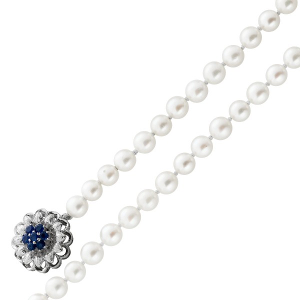 Perlenkette 80cm Weißgold 750 18K Akoyaperlen 6.1mm blaue Saphire 