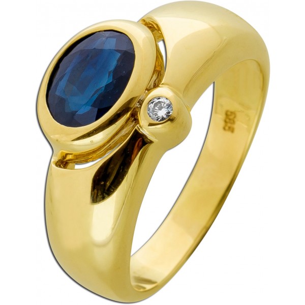 Saphirring Gelbgold 585 blauer Saphir 2.20ct. Diamant 0.03ct. TW VVS