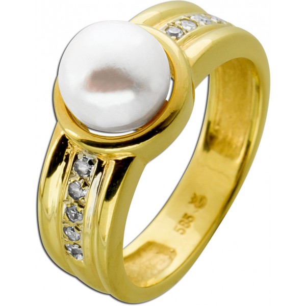 Perlenring Gold 585 14K Akoyaperle Diamanten 0.15ct 
