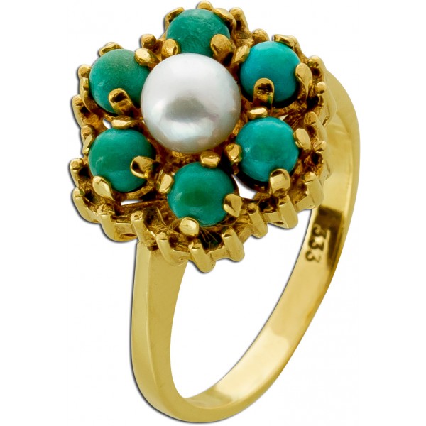 Perlenring Gelbgold 333 8K grüne Türkis Edelsteine Antikschmuck