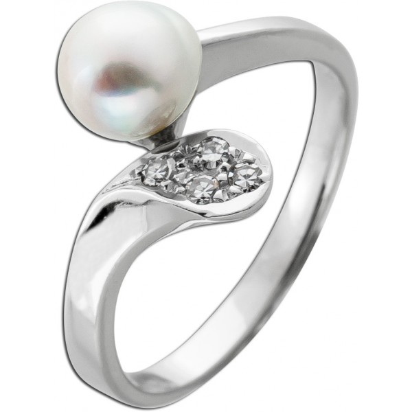Perlenring Weißgold 585 japanische Akoyaperle 4 Diamanten 0.08ct. LP
