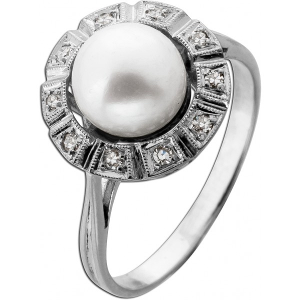 Perlenring Weißgold 585 14K Akoyaperle Diamanten Antikschmuck 