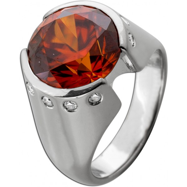 Saphir Ring synth. Weißgold 750 orange cognac 13ct Brillanten 0.30ct