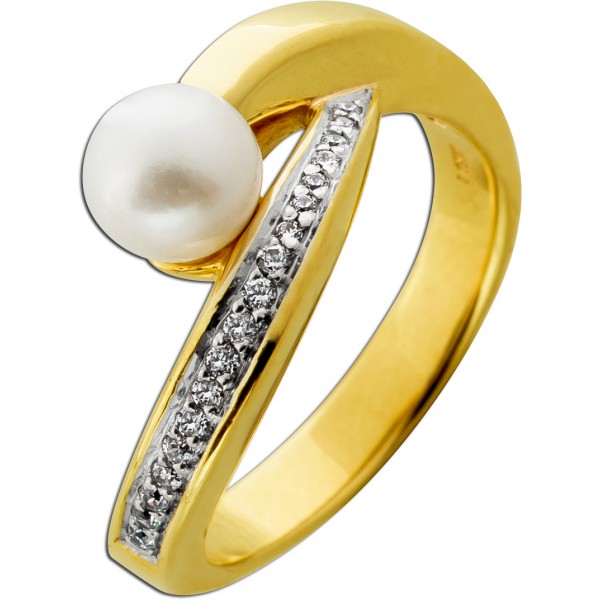 Perlen Ring Gold 375 9K  Akoyaperle Brillanten Antikschmuck 