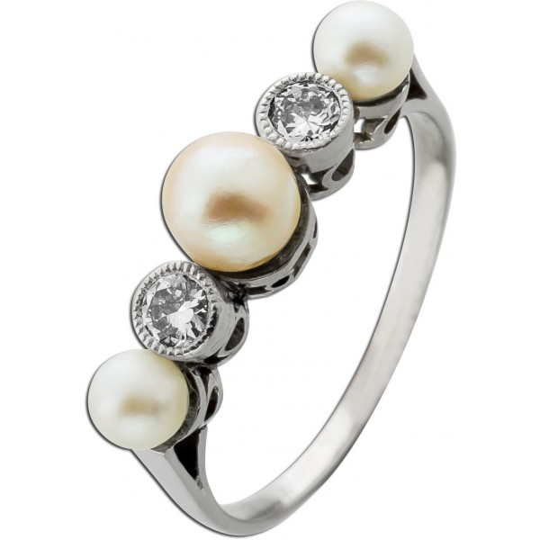 Perlenring Weißgold 585 14K Akoyaperlen Brillanten Antikschmuck  