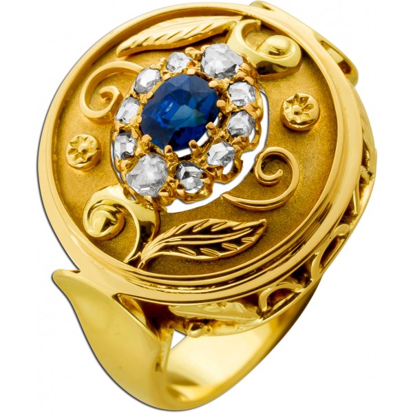 Saphir Ring Gold 585 14K Diamanten 0.50ct blauer Etrusk Antikschmuck