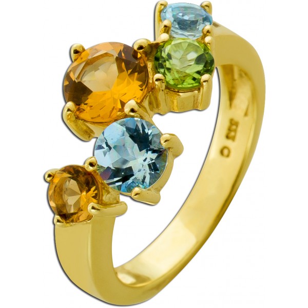 Citrin Ring Gold 333 8K grüner Peridot blaue Aquamarin Edelsteine