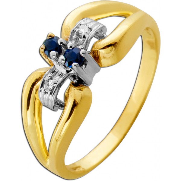 Saphir Ring Gold 585 14K Diamanten 0.04ct Antikschmuck