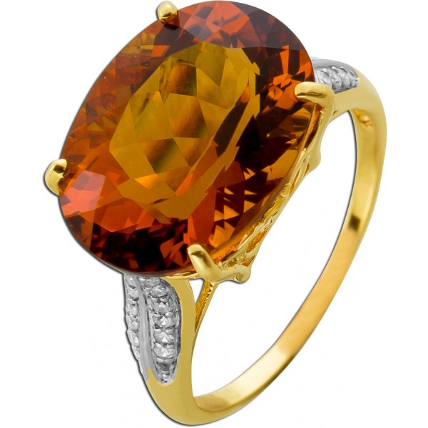 Citrinring Gold 375 9K honiggelber Edelstein 12.2ct Brillanten 0.14ct