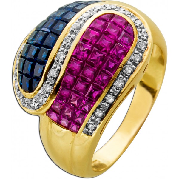 Rubinring Gold 585 14K blaue Saphire rote Rubine  Brillanten 0.15ct