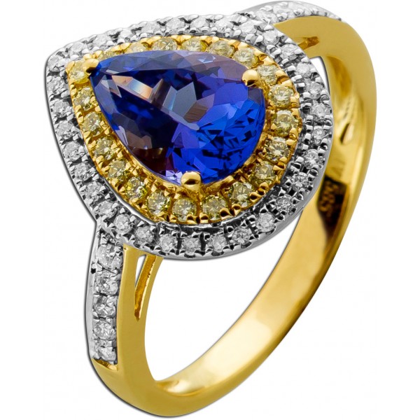Tansanit Ring Gold 585 14K blauer Edelstein 2.2ct gelbe weiße Brillanten 0.85ct