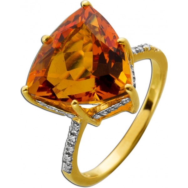 Citrinring Gold 375 9K goldgelber Edelstein 10.7ct Diamanten 0.20ct
