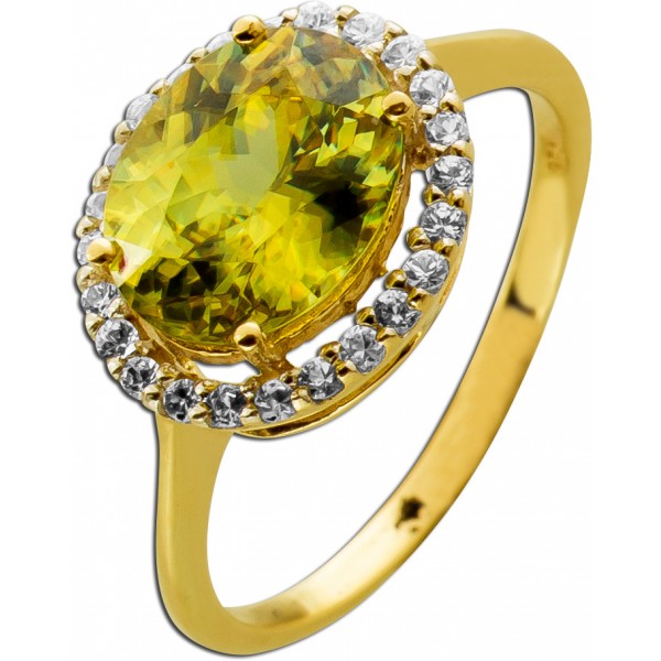 Peridotring Gold 375 9K grüner Edelstein 3ct Brillanten 0.24ct
