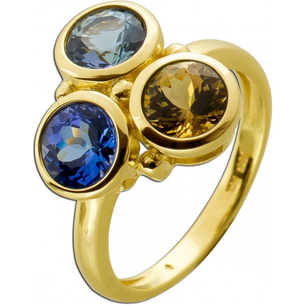 Edelsteinring Gold 585 14K Iolith 1.40ct grüner Aquamarin 1.45ct Citrin 1.15ct 
