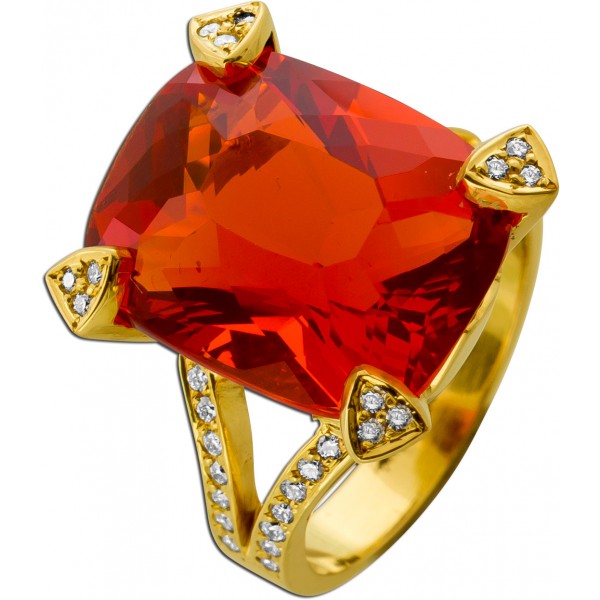 Feueropal Ring Gold 750 18K orangener Edelstein 19ct Brillanten 0.20ct