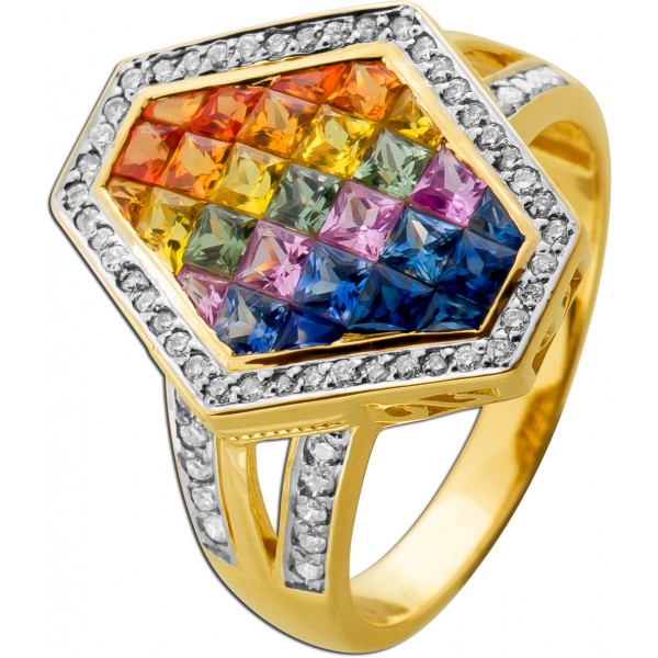 Saphirring Rainbow Gold 585 14K Saphire 3.2ct. Brillanten 0.75ct.