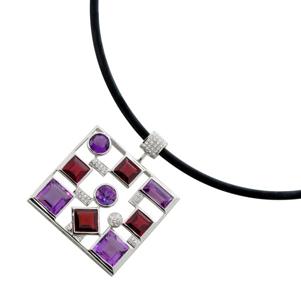 Amethyst Kautschuk Collier Weißgold 750 18K Rhodolith Diamanten 0.7ct 