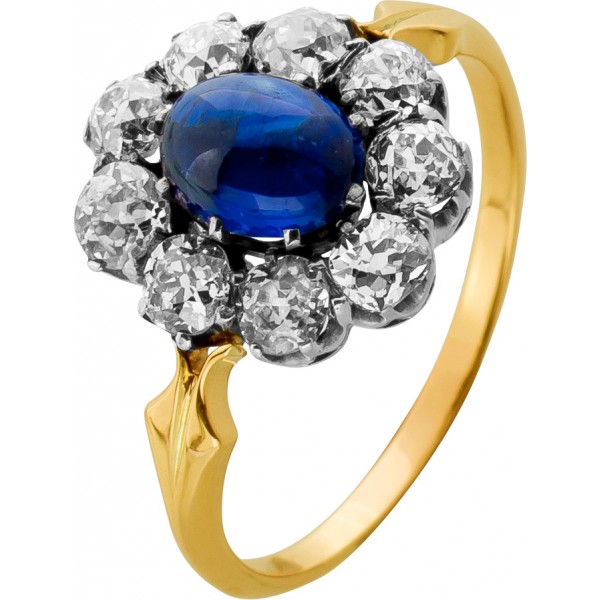Saphir Ring Gold 585 blauer Edelstein 1,8ct Diamanten 1.20ct Antikschmuck
