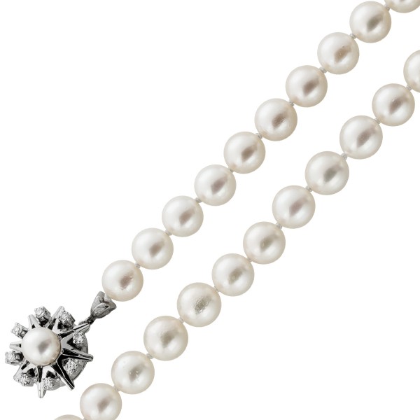 Perlenkette 74cm Akoyaperlen Weissgold 585 Diamanten Antikschmuck