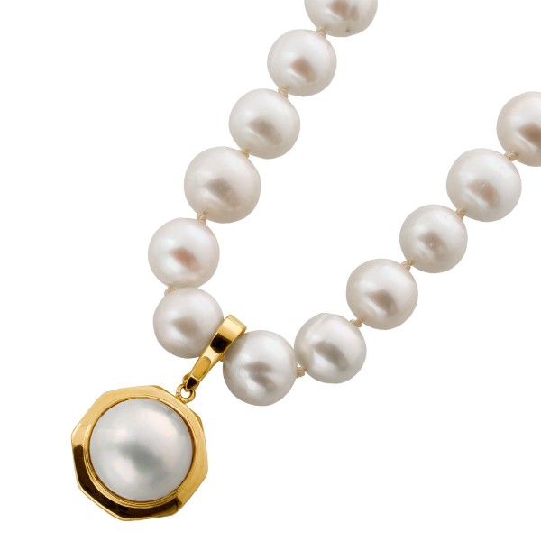 Perlenkette 46cm Gold 585 14K Süßwasser Perlen Mabeperle Brillant 