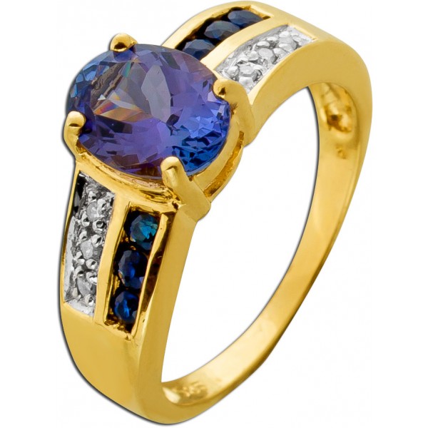 Saphirring Gold 585 14K blauer Tansanit Edelstein Diamanten 0.06ct
