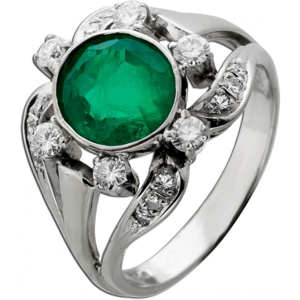 Smaragdring Weißgold 750 18K grüner Edelstein Diamanten Antikschmuck