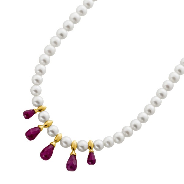 Perlenkette 39cm Akoyaperlen rote Rubine Gold 585 Antikschmuck