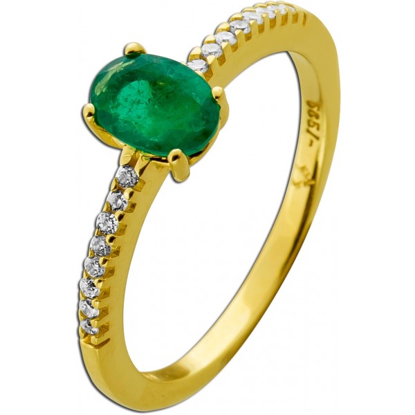 Smaragdring Gold 585 14K grüner Edelstein Brillanten 0.16ct 