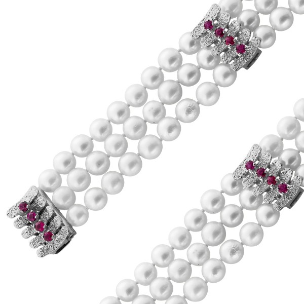 Perlen Armband Weißgold 585 Akoyaperlen rote Rubine Antikschmuck