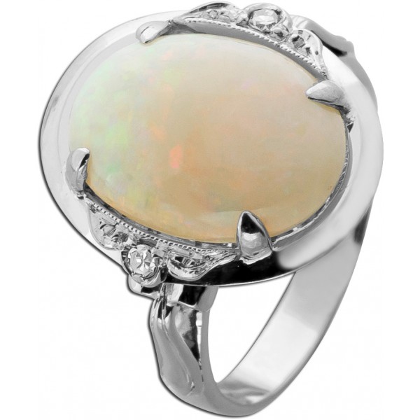 Opal Ring Weißgold 750 18K orange weißer Edelstein Diamanten Antikschmuck 