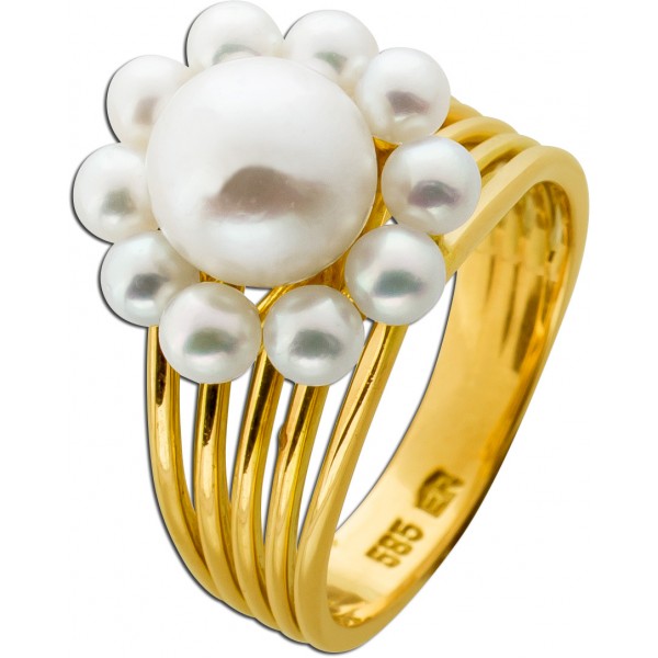 Perlenring Gold 585 14K Akoyaperlen Antikschmuck