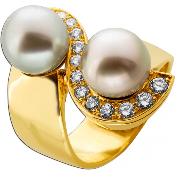 Perlenring Gold 585 14K Tahitipierlen Brillanten 0.80ct Lupenrein