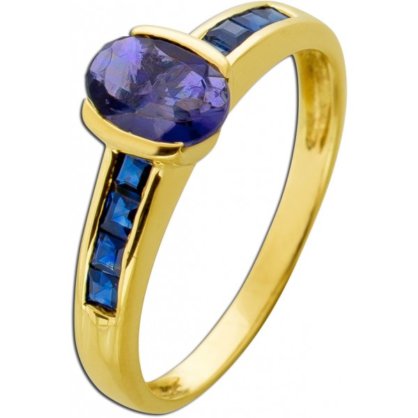 Tansanitring Gold 375 9K lila Tansanit blaue Saphire Antikschmuck