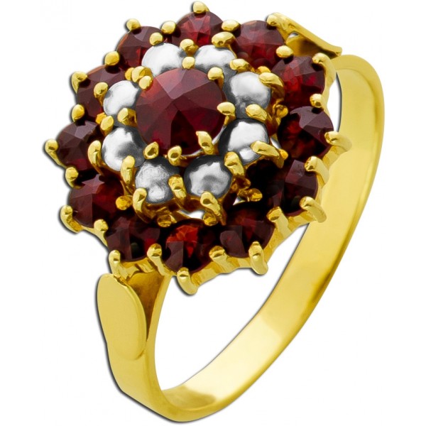Granatring Gold 585 14K rote Almandine Granate Orientperlen Antikschmuck