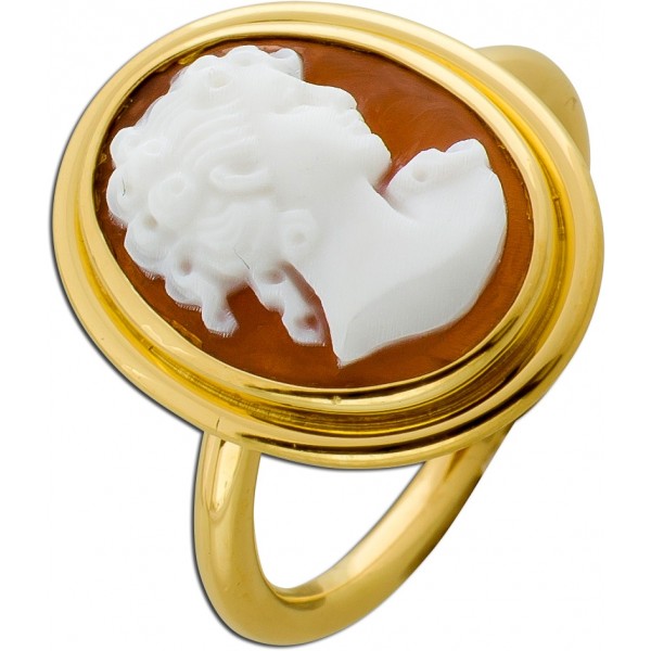 Gemmen Ring Gold 750 18K brauner Achat Frauenkopfbüste Antikschmuck