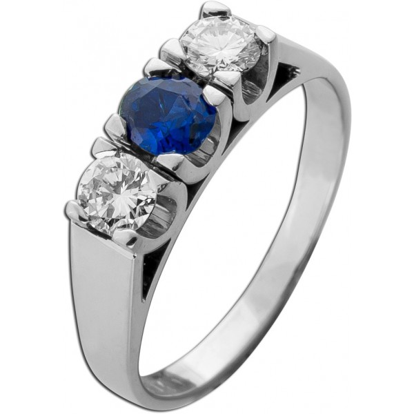 Saphir Ring Weißgold 750 18K blauer Saphir Brillanten 0.40ct Antikschmuck