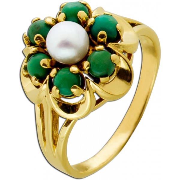 Perlenring Gelbgold 333 8K Akoyaperle grüne Aventurin Edelsteine Antikschmuck