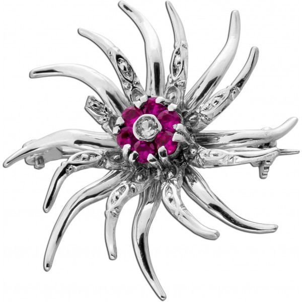 Rubin Brosche Weißgold 750 18K rote Rubine Brillant 0.05ct Edelsweiss