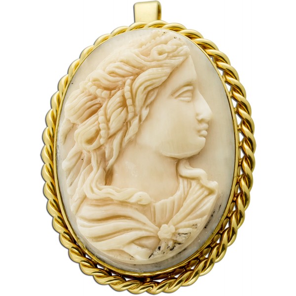 Gemmen Brosche Anhänger Gold 585 14K Kammee Muschelschale Antikschmuck