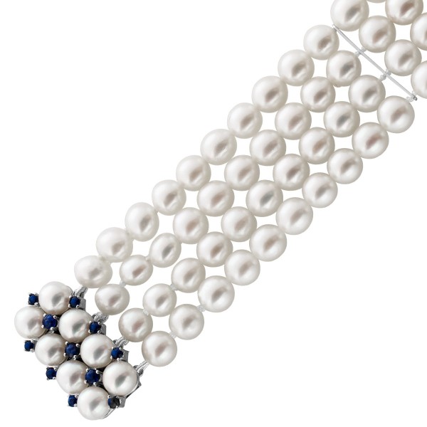 Perlenarmband Akoyaperlen Saphire 0.40ct Weißgold 585 14K 