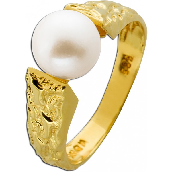 Perlenring Gold 585 14K Akoyaperle 7.4mm Antikschmuck 1980 