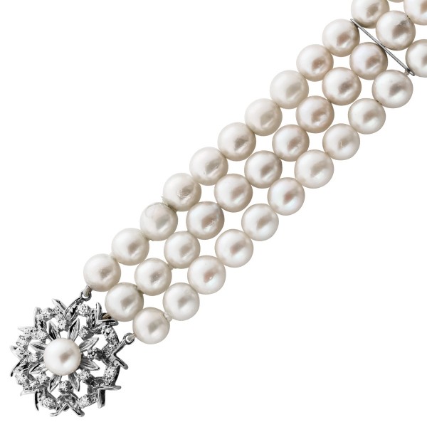 Perlenarmband Weissgold 585 14K Akoyaperlen Diamanten Antikschmuck