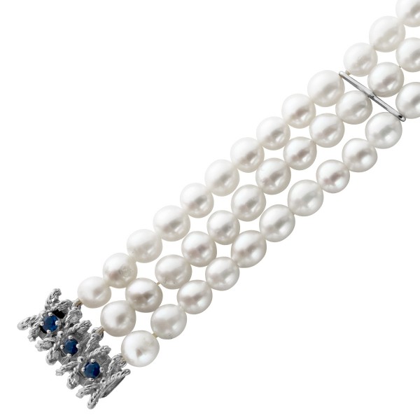 Perlenarmband Weissgold 585 14K Akoyaperlen Saphire Antikschmuck